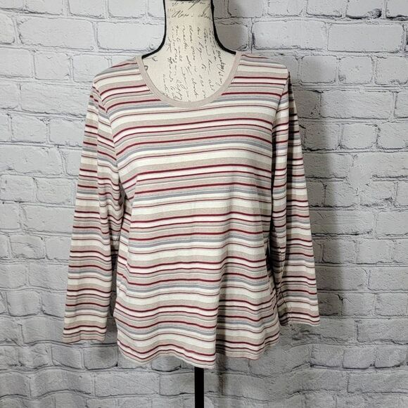 Eddie Bauer XXL Red Gray Beige Striped Long Sleeve Tee Shirt - Picture 1 of 5